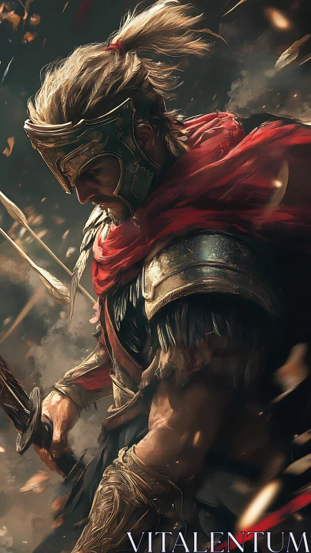 Armored warrior in dynamic cinematic battlefield lighting.