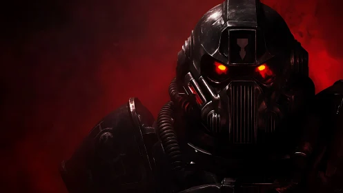 Midnight war sentinel in crimson smoke and burning steel.