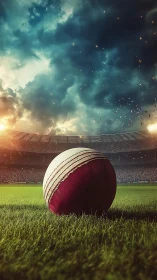 Storm-lit cricket ball poised on luminous stadium green.