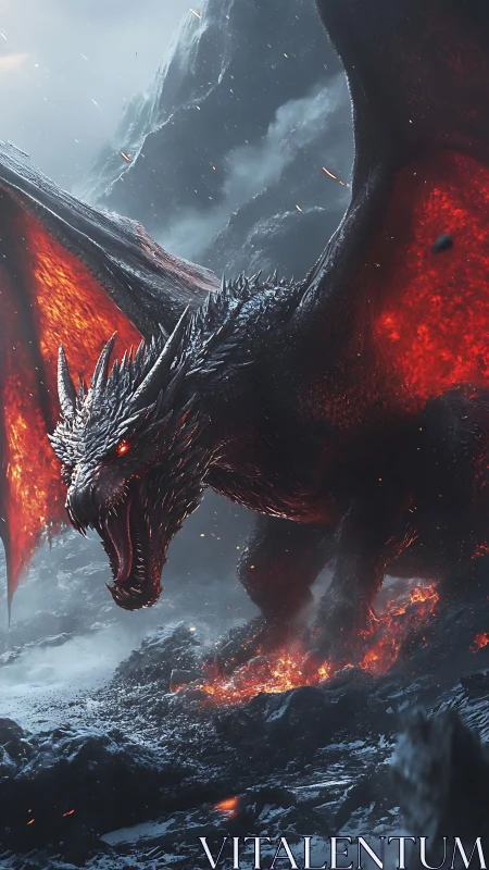 Molten-winged dragon storming a frozen volcanic battlefield.