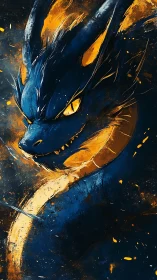 Coiled sapphire dragon amid blazing abstract sparks.