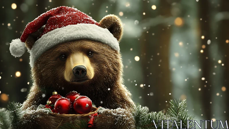 Realistic brown bear in Santa hat with red ornaments outdoors