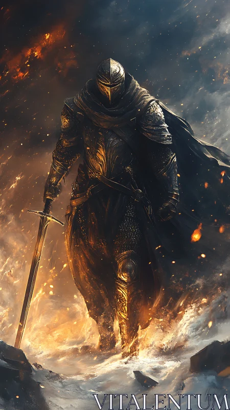 Flaming armored knight strides through storming battlefield.
