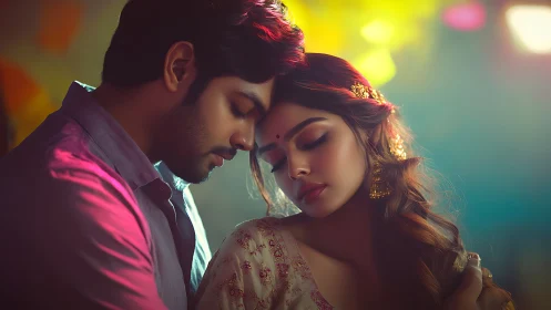 Romantic couple shares intimate moment beneath vibrant neon glow.