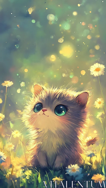 Luminescent Cat Portrait with Daisy Field Bokeh Rendering.