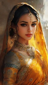 Golden gaze of a regal woman in sunlit traditional dress.