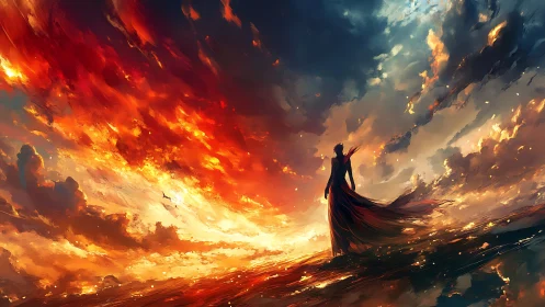Silhouetted Figure in Dramatic Fiery Sky Landscape