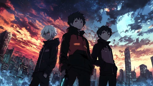 Three anime teens stand over neon city at dramatic dusk.