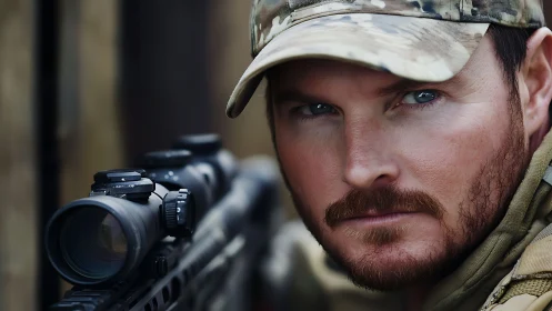 Steely-eyed marksman locks onto target in muted battlefield hush.
