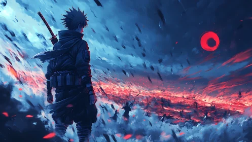 Lone swordsman overlooks fiery battlefield under red sun.