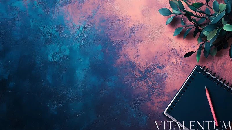 Notepad with pencil on textured teal and coral workspace surface