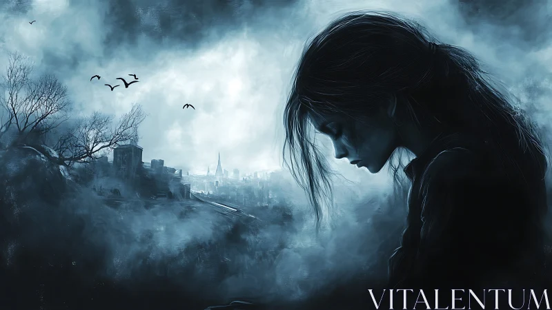 Solitary woman overlooks ruined city through cold blue haze