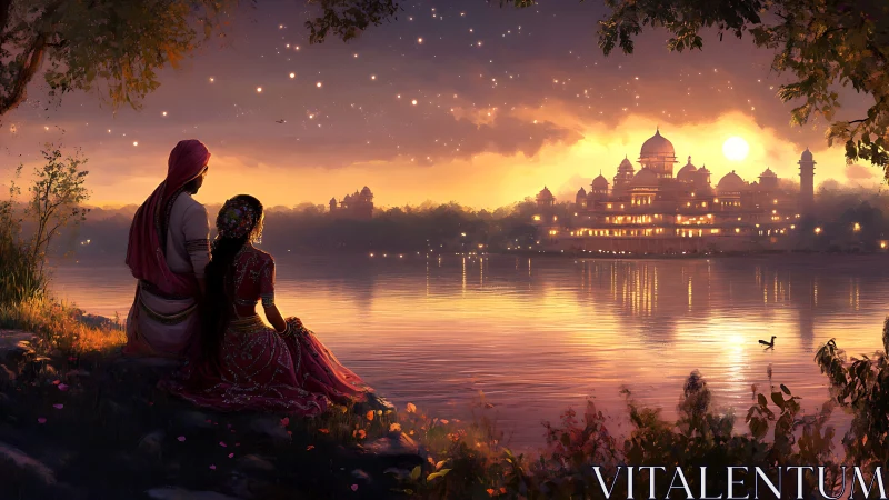 Twilight couple observing illuminated riverside palace skyline.