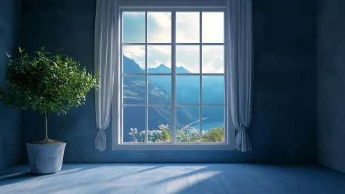 Interior window framing alpine lake vista with directional light.