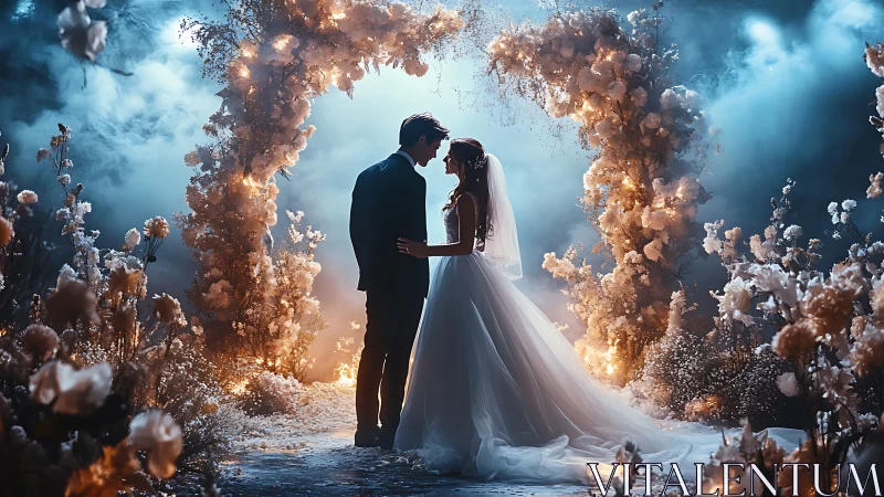 Moonlit wedding vows beneath a glowing floral archway.