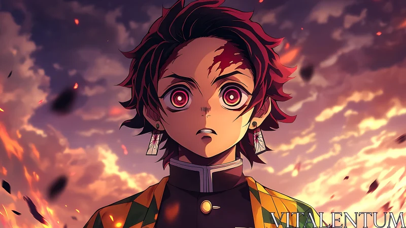 Anime character stands against burning sky with drifting embers