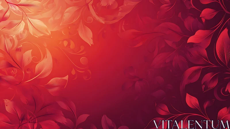 Red gradient floral background with abstract leaf pattern.