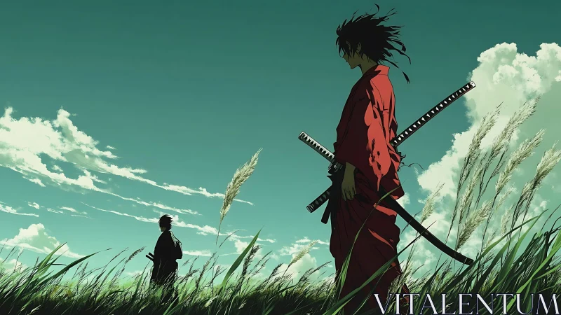 Dual katana samurai silhouettes in windswept grassland under teal sky.