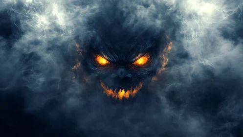 Fiery demon face emerges from swirling ghostly smoke