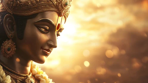 Golden divine statue rendered in warm cinematic side light