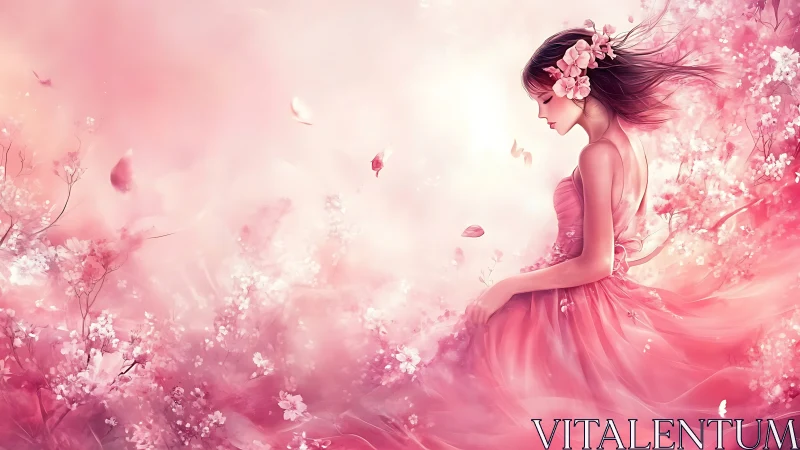 Pink floral portrait of girl in flowing dress, side view.
