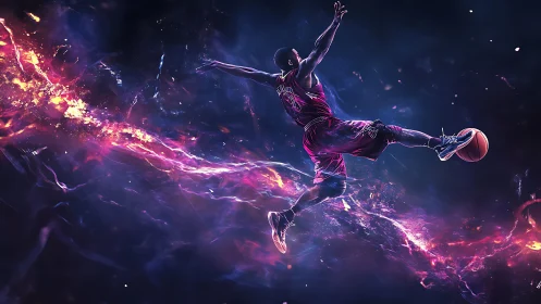 Cosmic basketball dunk with neon plasma energy trails