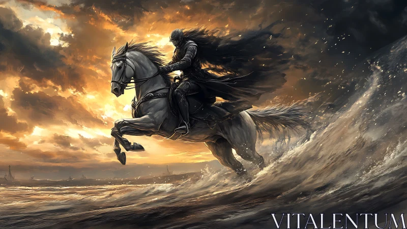 Stormlit rider racing the surf beneath a burning sky.