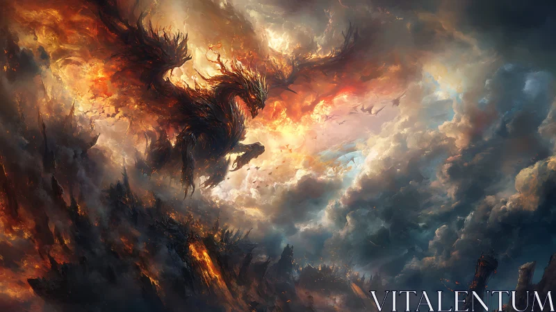 Apocalyptic fire dragon engulfs storm-laden fantasy skyline