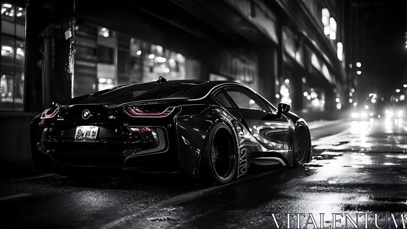 Futuristic BMW sports coupe rendered in cinematic noir lighting