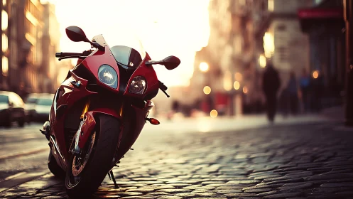 Scarlet street superbike basking in molten sunset calm.