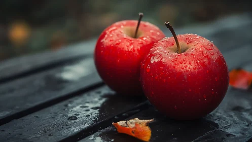 Raindrop-kissed red apples resting on a quiet garden table.