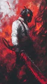 Masked chainsaw wielder rendered in high contrast digital painting