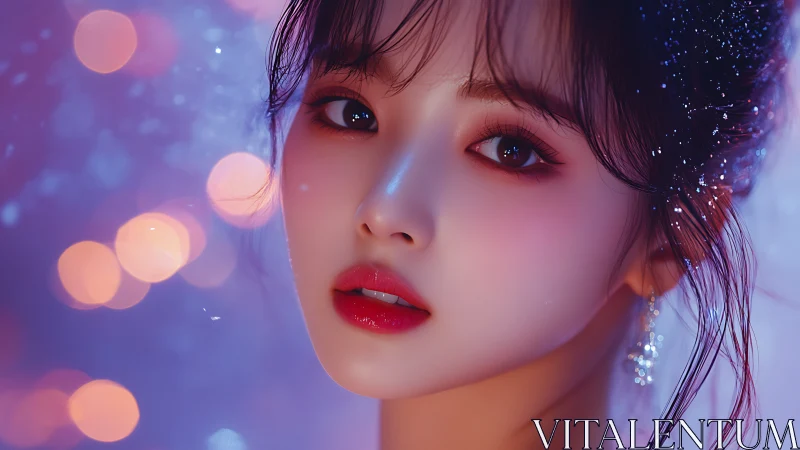 Digital portrait highlights luminous gaze, neon bokeh glow.