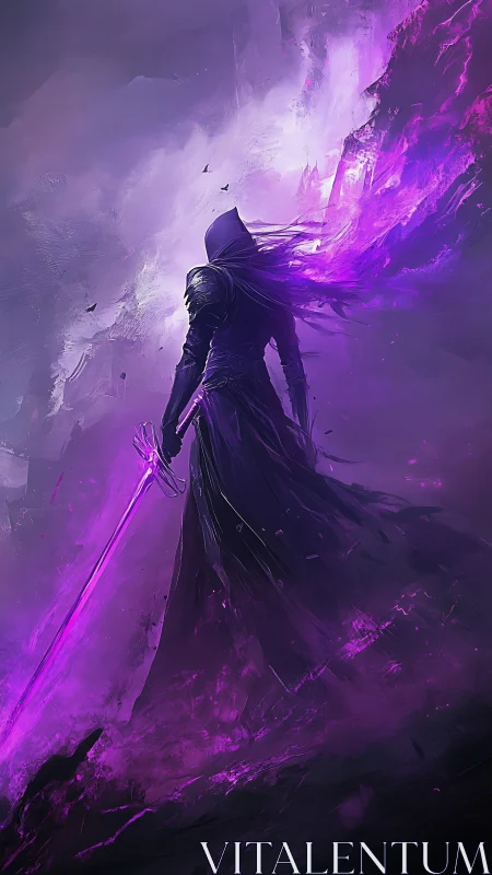 Hooded void knight in violet ether storm, spectral blade.