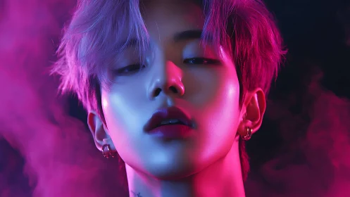 Neon-lit gaze crowned in violet smoke and electric allure.