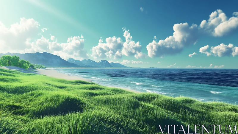 Sunlit coastal meadow rolls toward a calm turquoise sea