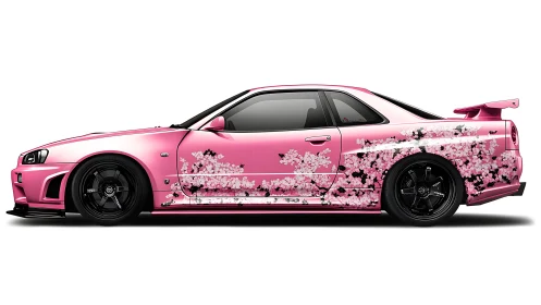 Pink tuner coupe with sakura livery and black aero kit.