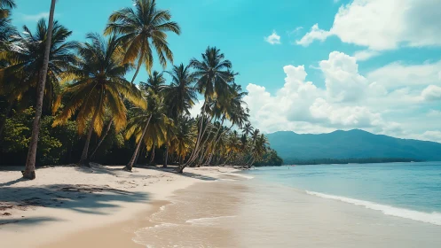 Tropical Beach Paradise with Palm Trees and Mountain Backdrop
