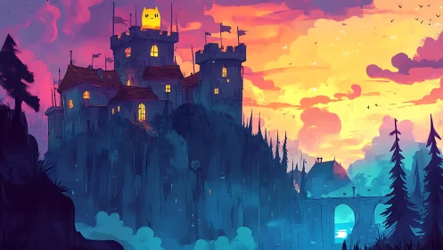 Hilltop castle at sunset with glowing windows and bridge.