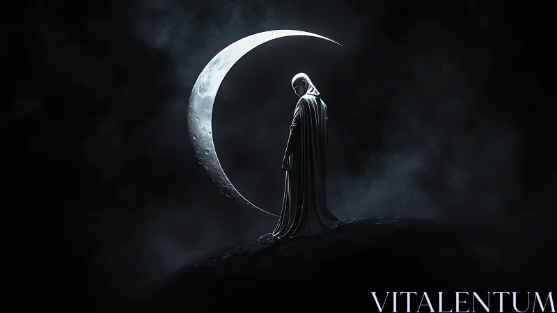 Shrouded lunar figure stands before crescent arc with volumetric fog