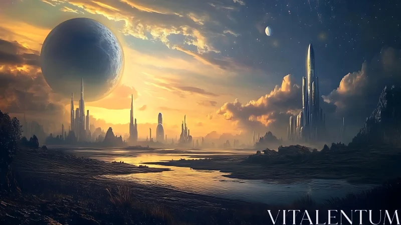 Twin planets hover above luminous futuristic skyline.