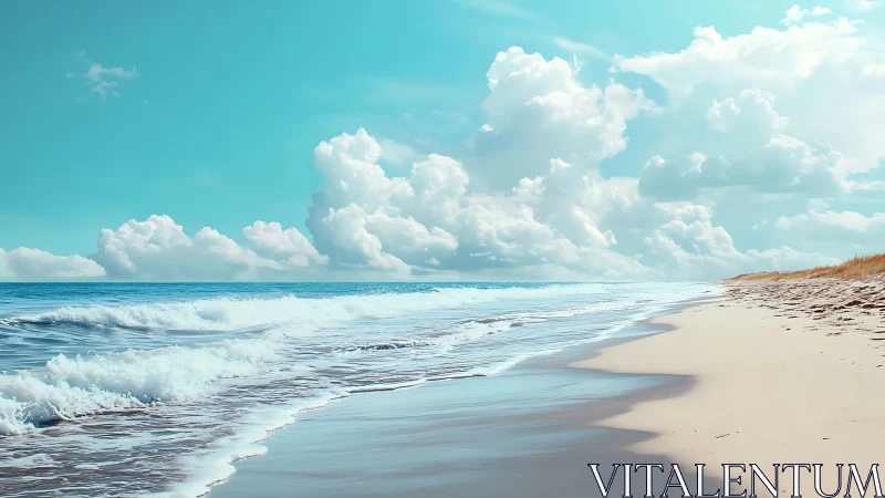 Sunlit shoreline meets turquoise waves under dreamy clouds.