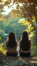 Backlit friends seated on forest path with shallow depth of field