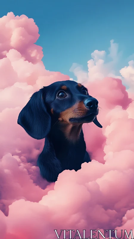 Dachshund portrait rising through soft pink dream clouds.