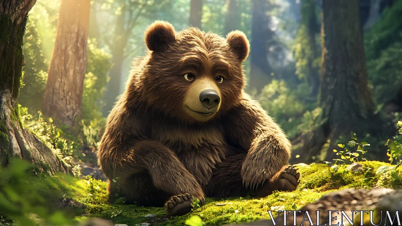 Softly lit 3D bear character rests in a mossy forest clearing