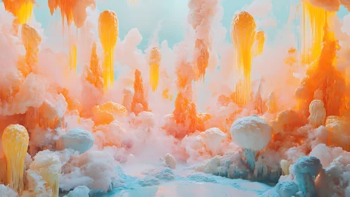 Surreal jelly cloud landscape with molten pastel towers.