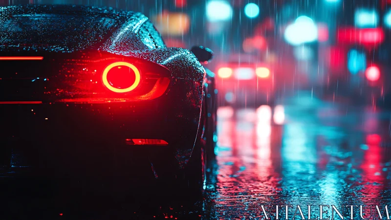 Sports car rear view in neon lit rainy city street.