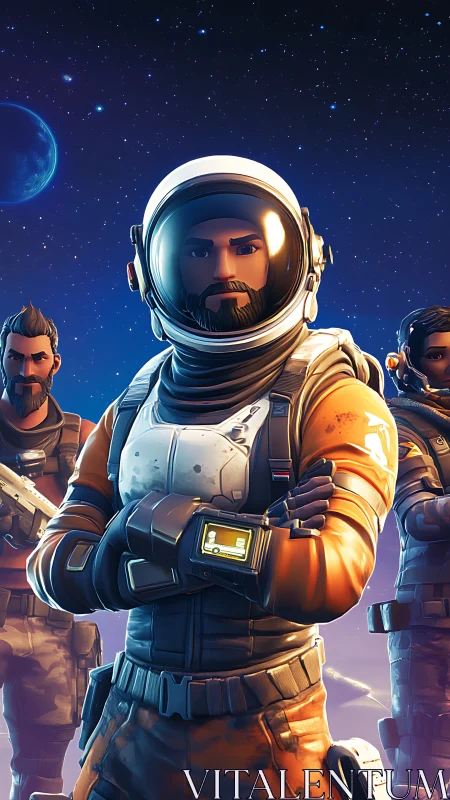 Astronaut team stands in stylized space environment at night