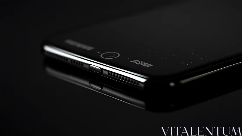 Black smartphone placed at angle on dark reflective surface.