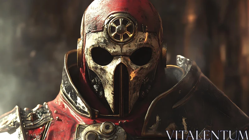 Battle-scarred mechanized paladin with vented skull helm.